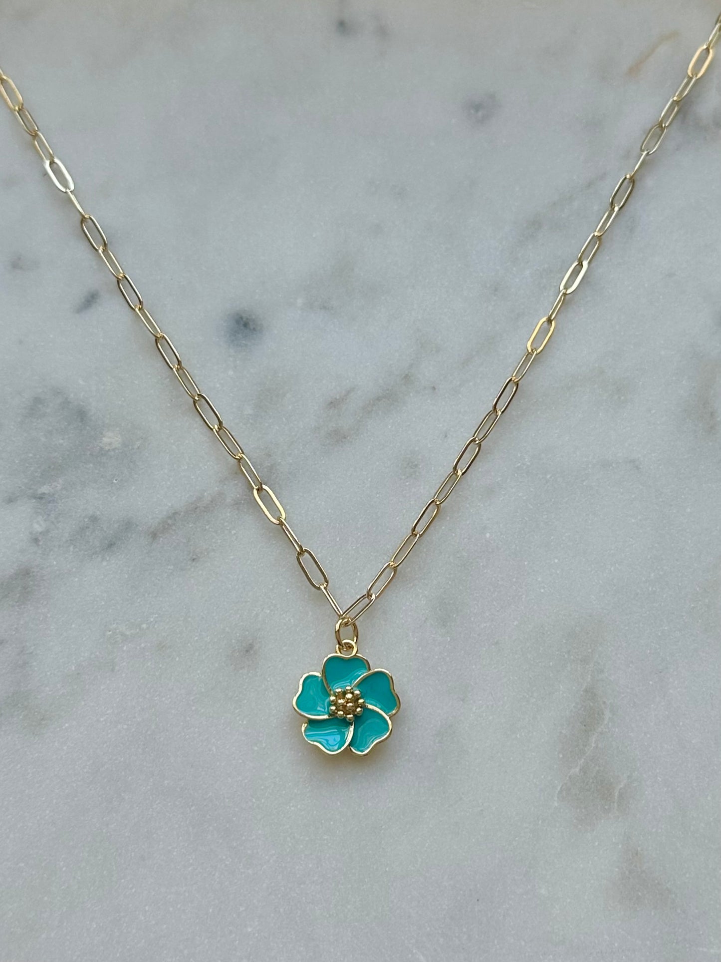 turquoise hibiscus flower gold filled necklace