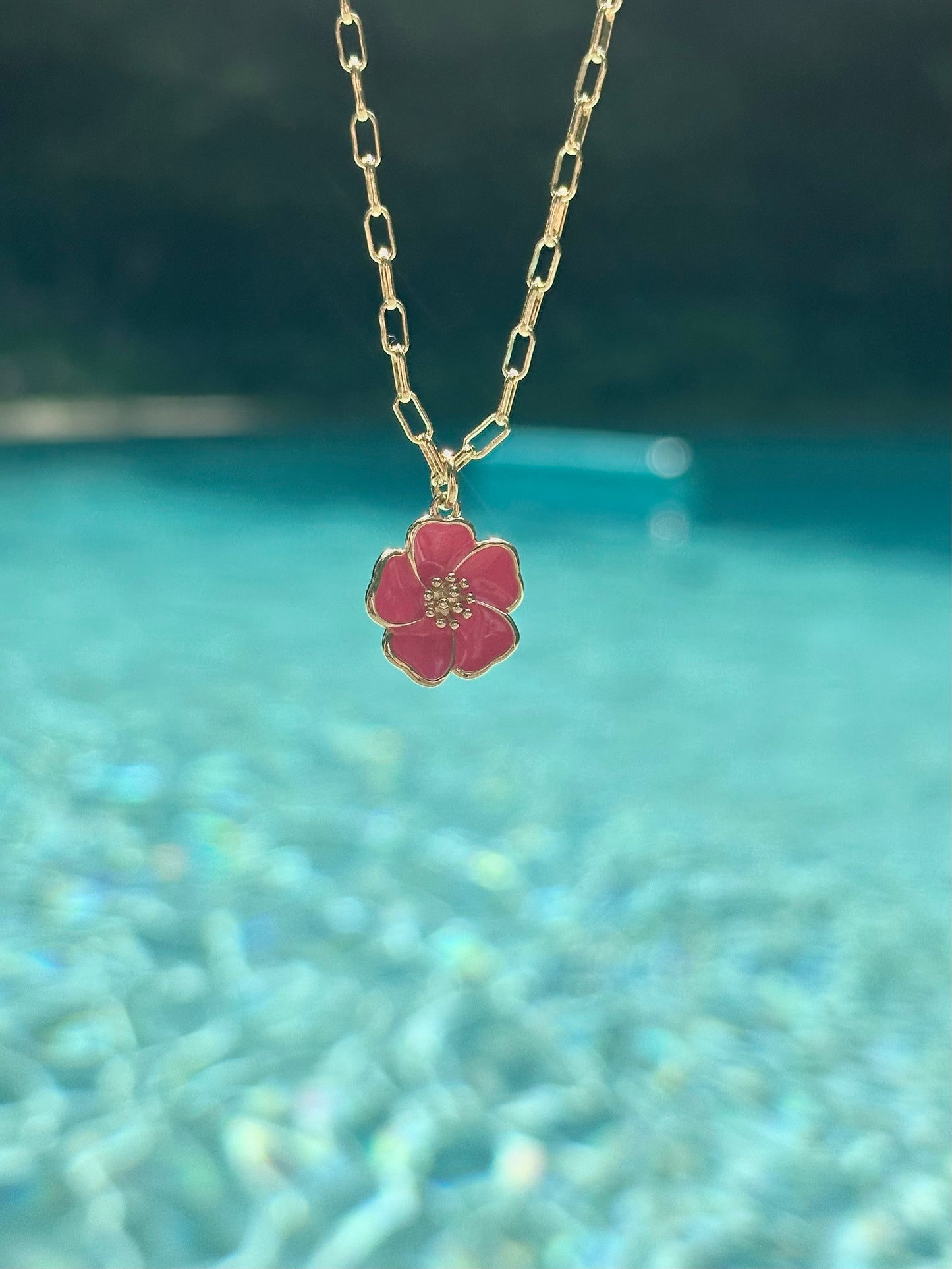 hot pink hibiscus flower gold filled necklace