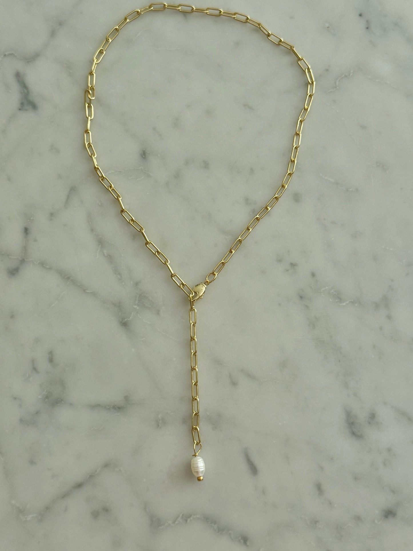 lariat paperclip pearl drop necklace gold filled