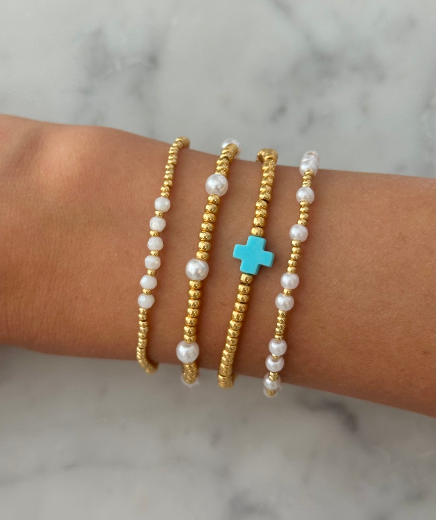 gold and pearl stacking bracelet
