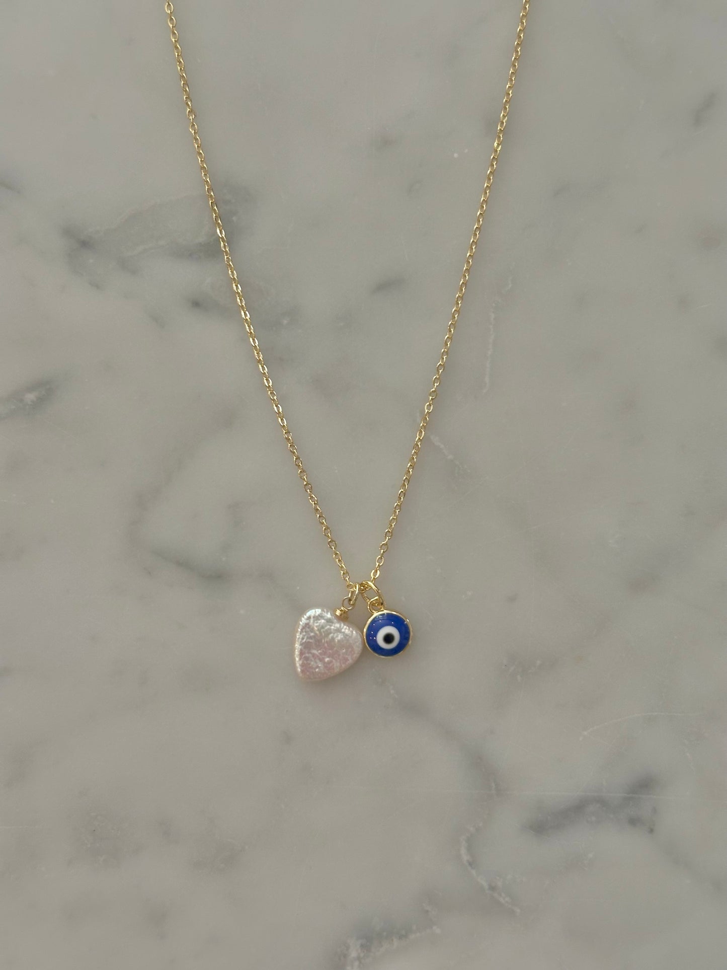 evil eye and pearl heart gold filled necklace