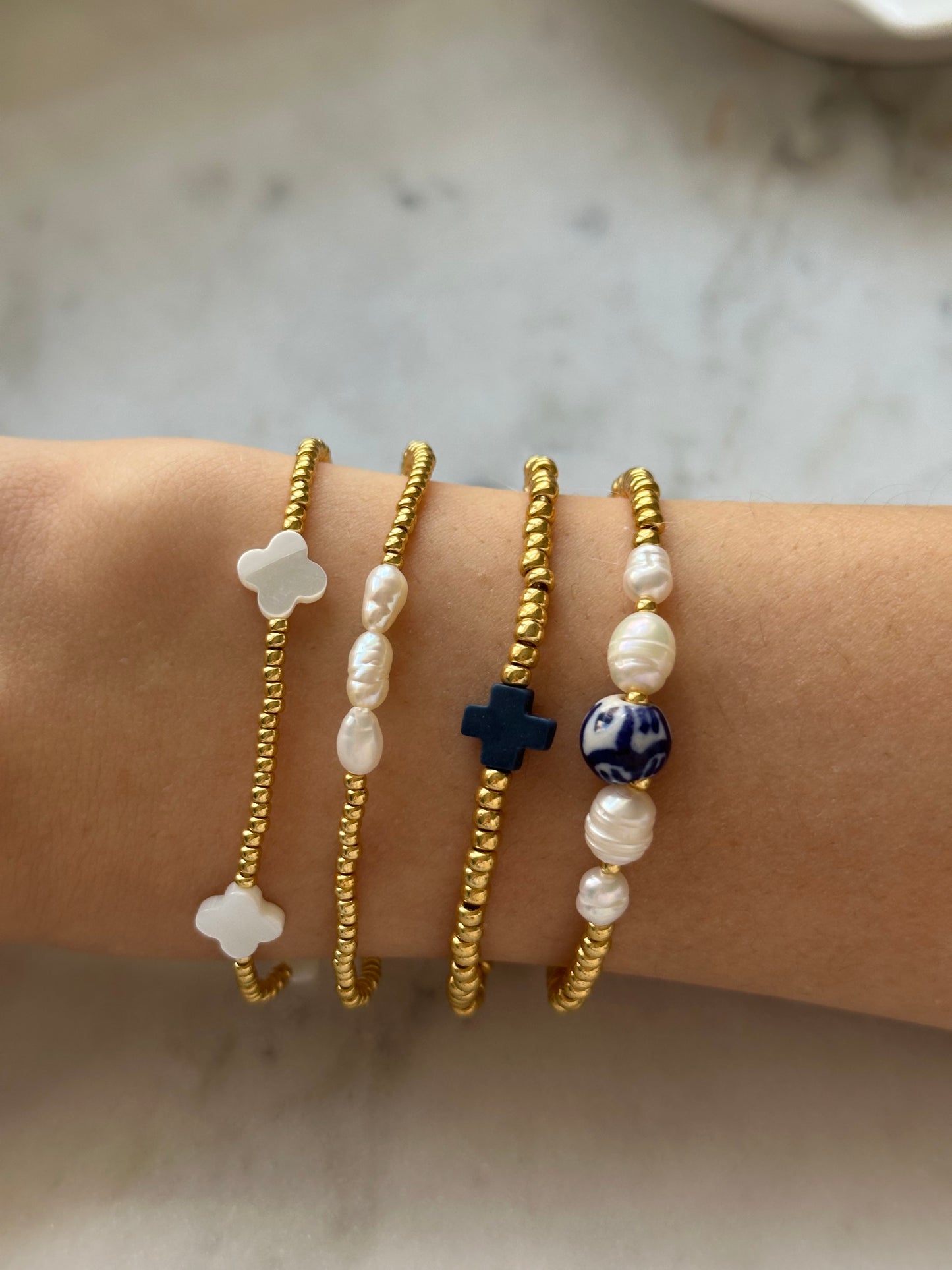 cross medium bead gold stacking bracelet