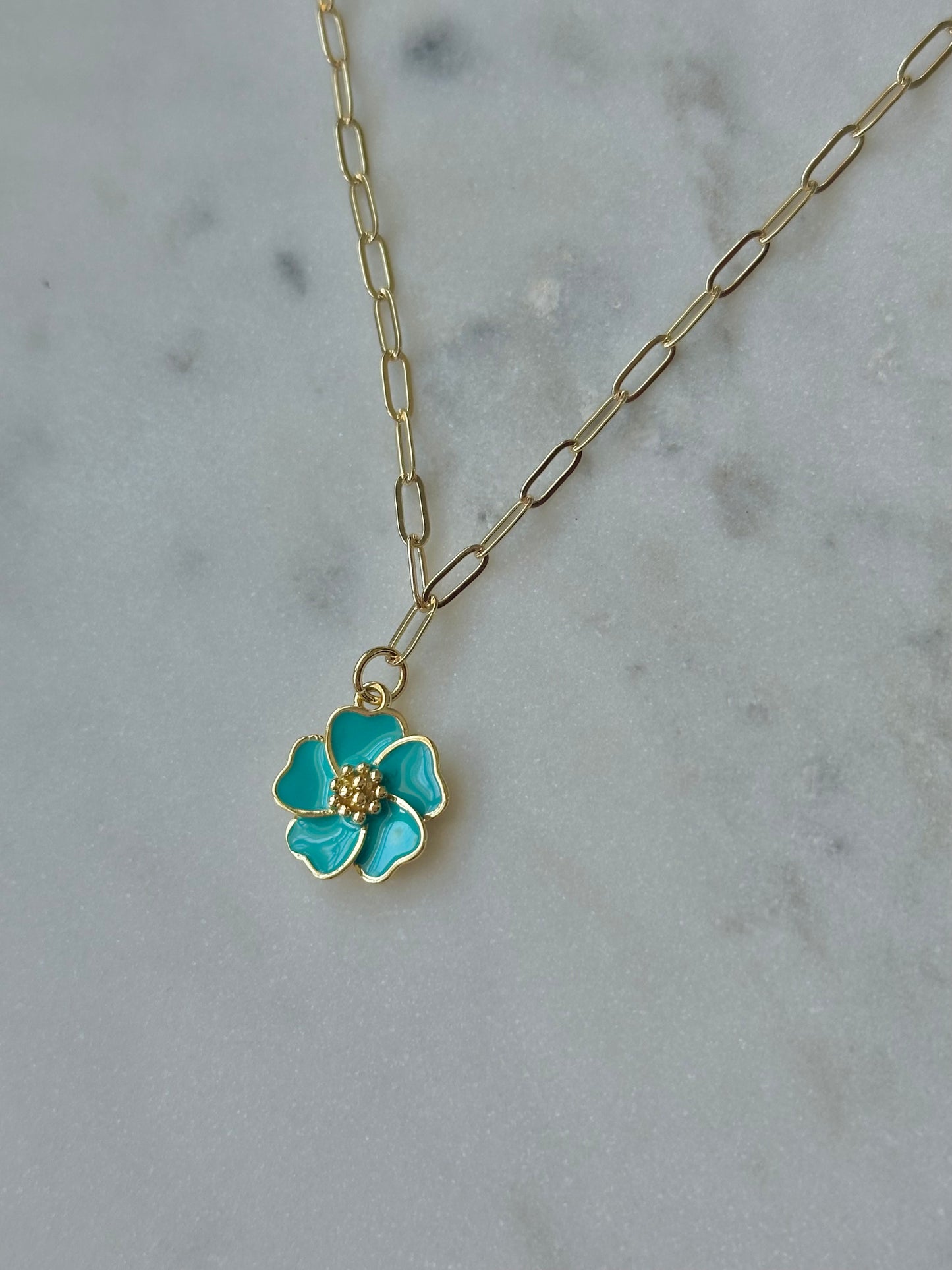 turquoise hibiscus flower gold filled necklace