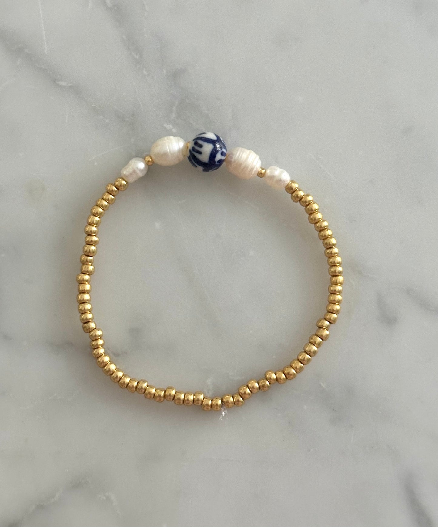 blue and pearl gold stacking bracelet