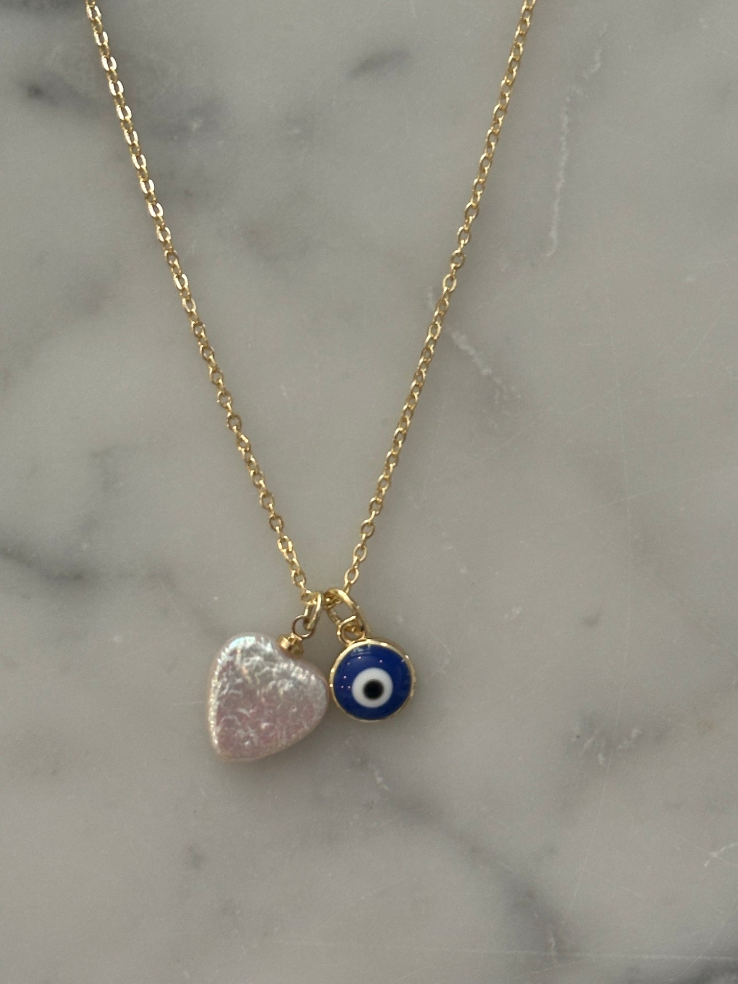 evil eye and pearl heart gold filled necklace