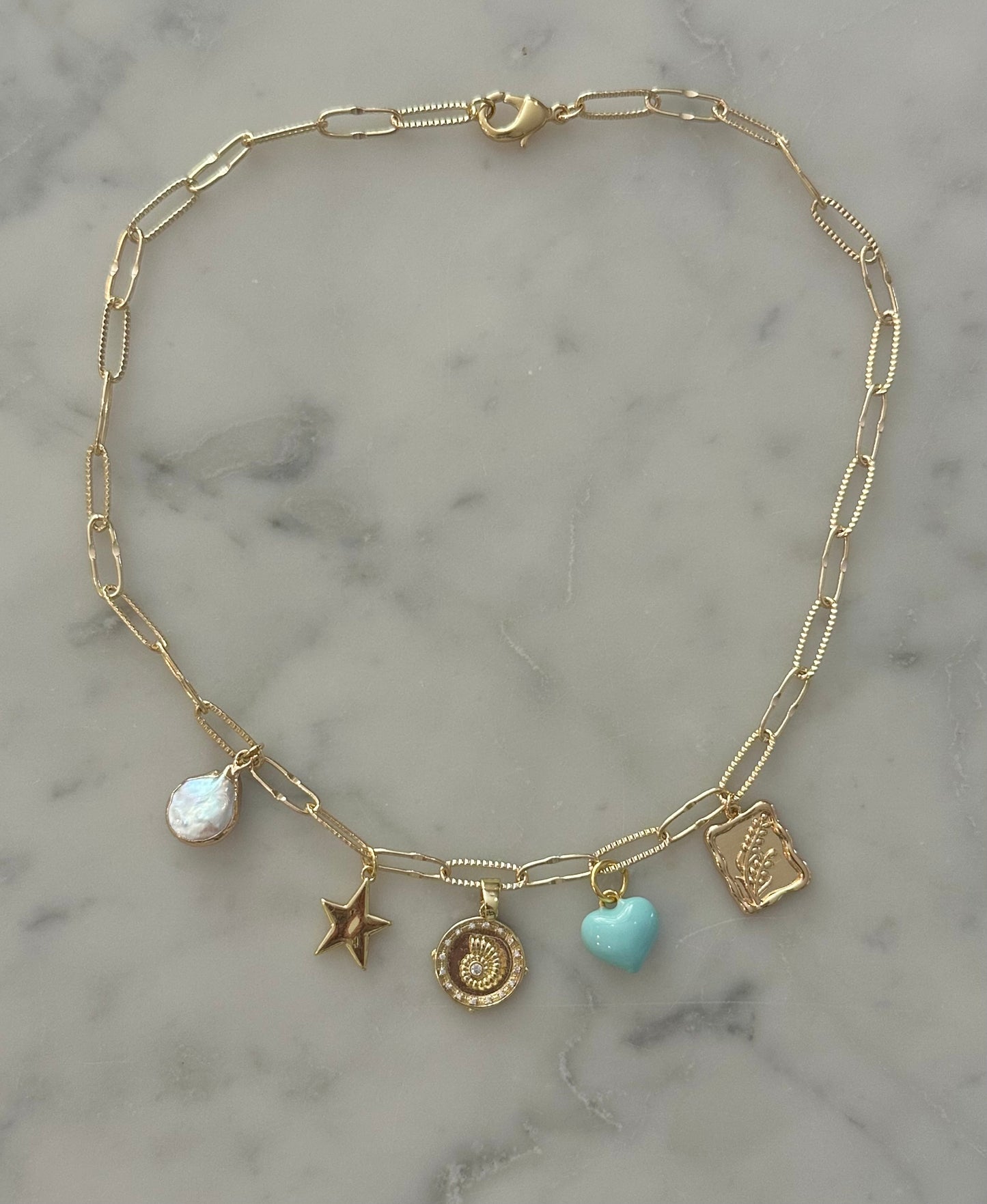 puffy blue heart charm gold filled necklace