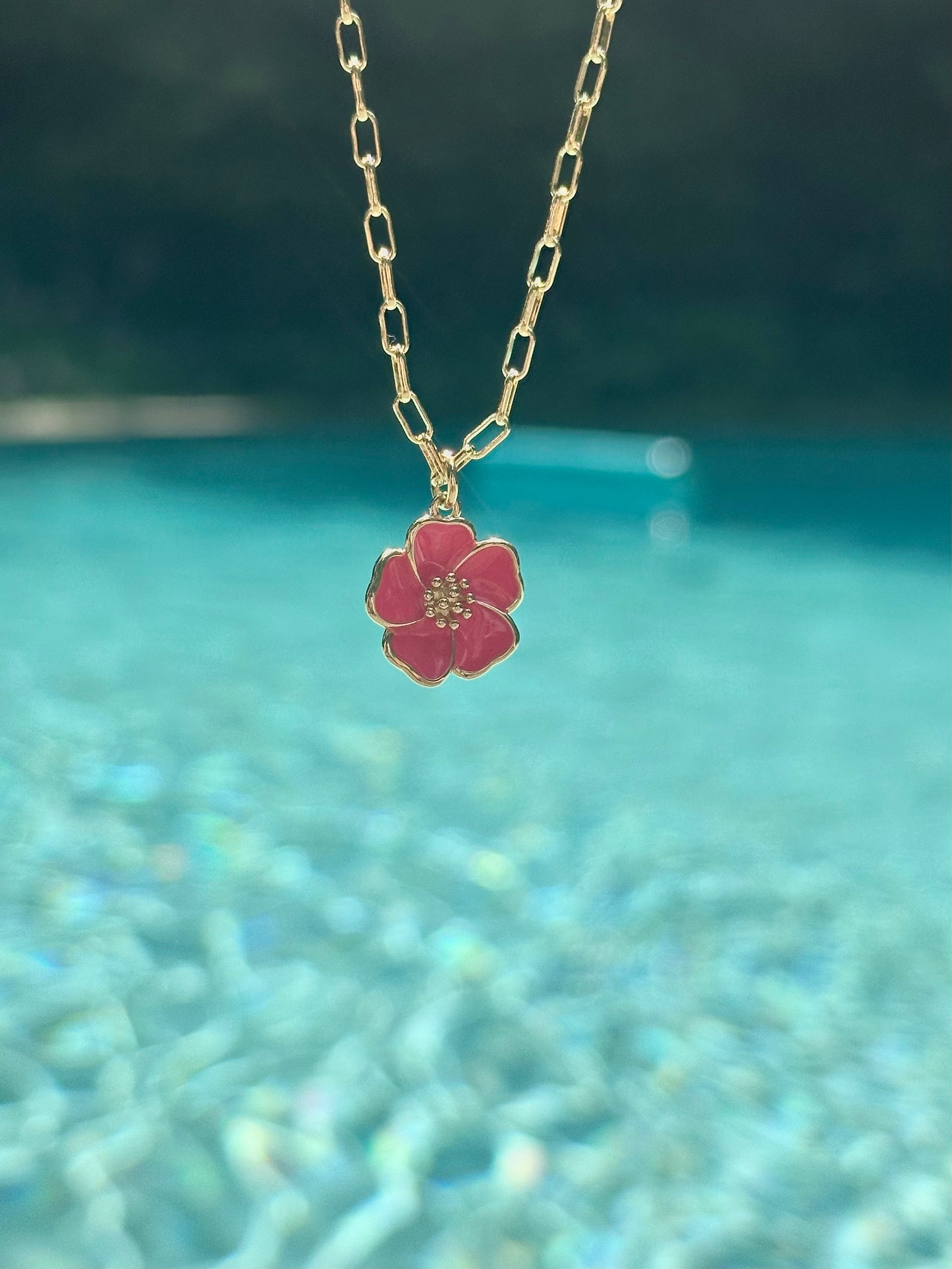 hot pink hibiscus flower gold-filled necklace