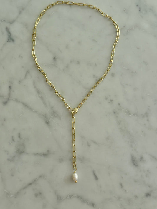 lariat paperclip pearl drop necklace gold filled
