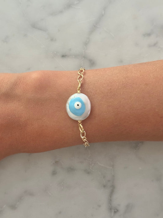 pearl evil eye gold filled chain bracelet
