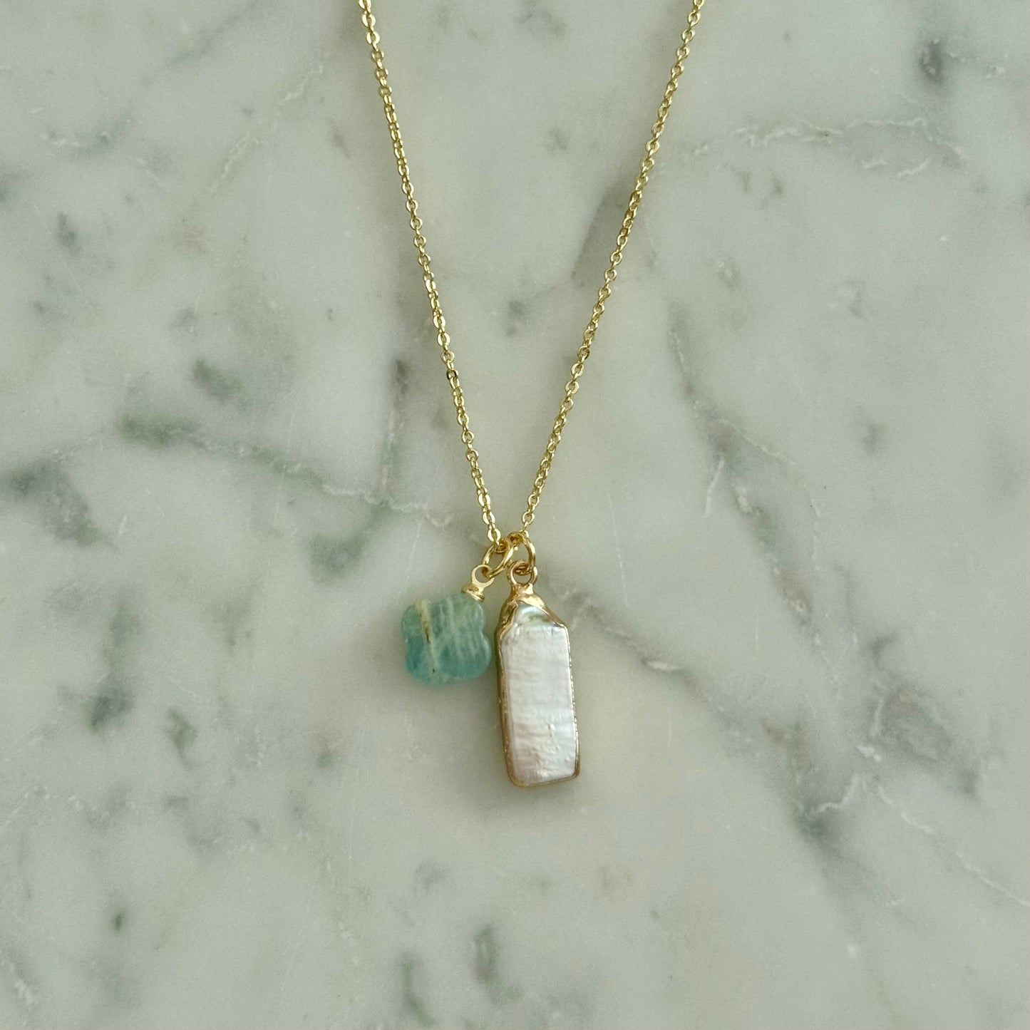 teal clover and pearl gold filled necklace