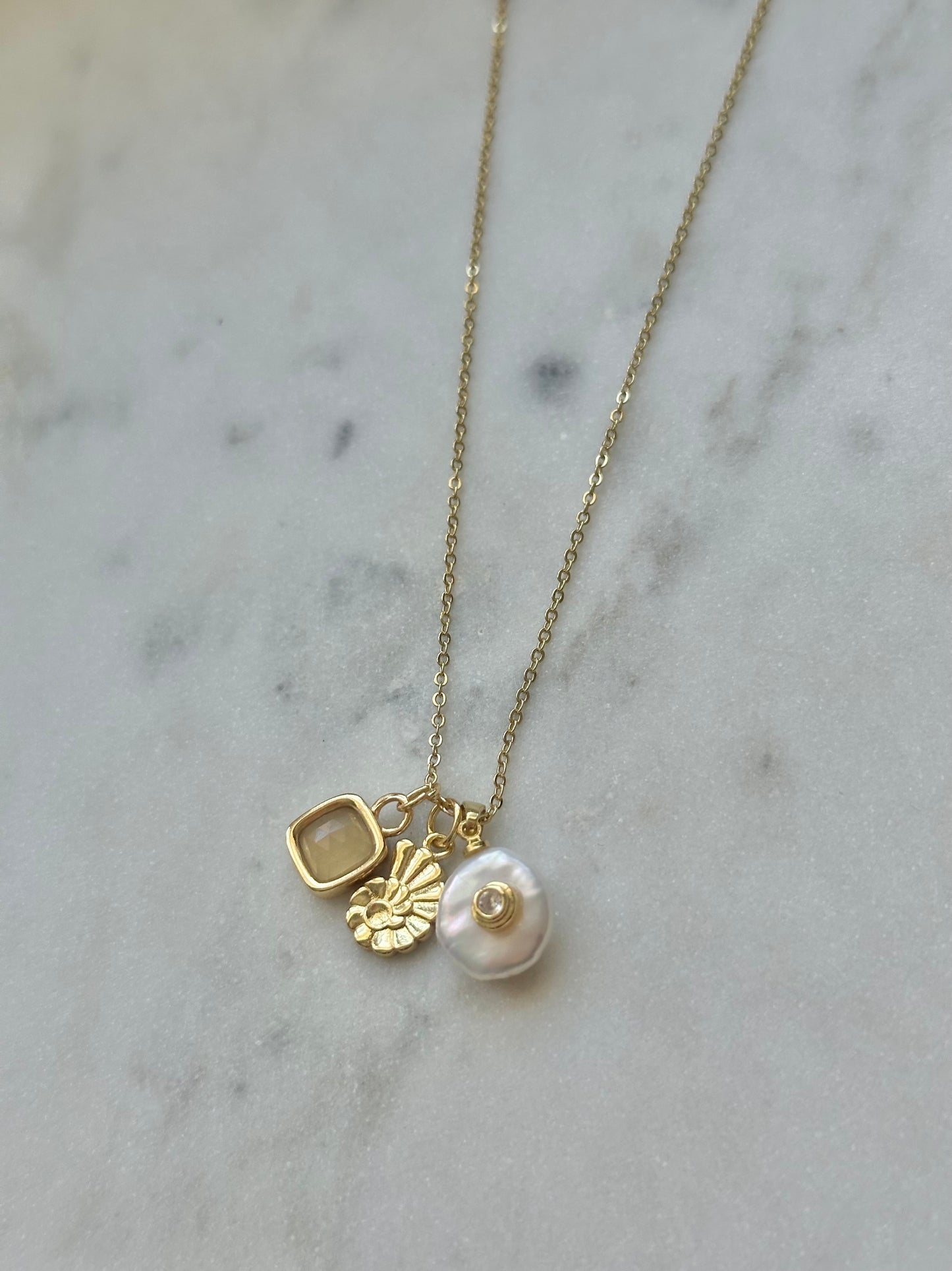 shell pearl aquamarine charm necklace gold filled