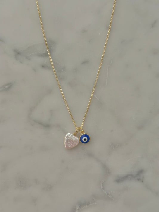 evil eye and pearl heart gold filled necklace