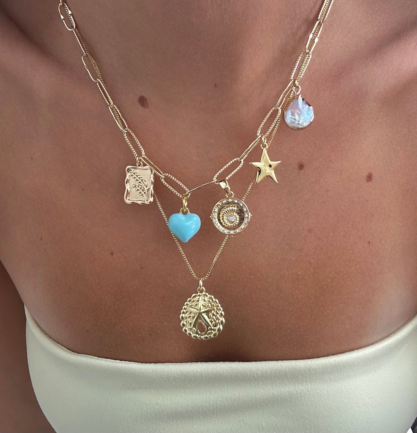 puffy blue heart charm gold filled necklace