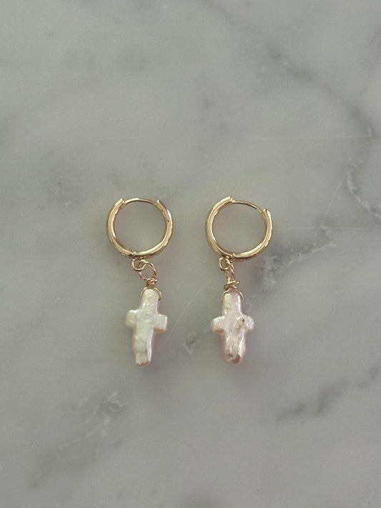 pearl cross earrings gold filled