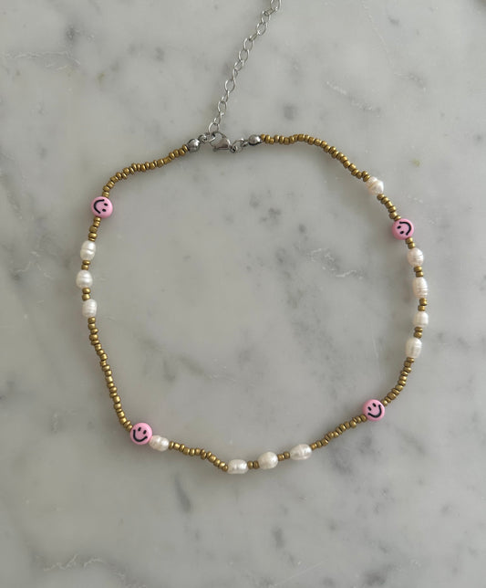 gold and freshwater pearl smiley necklace