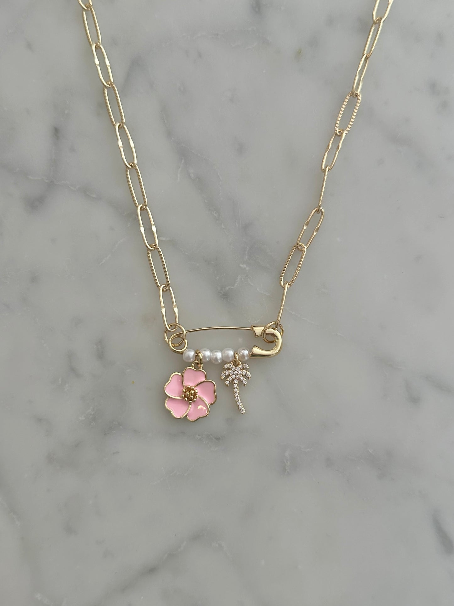 pink hibiscus charm necklace