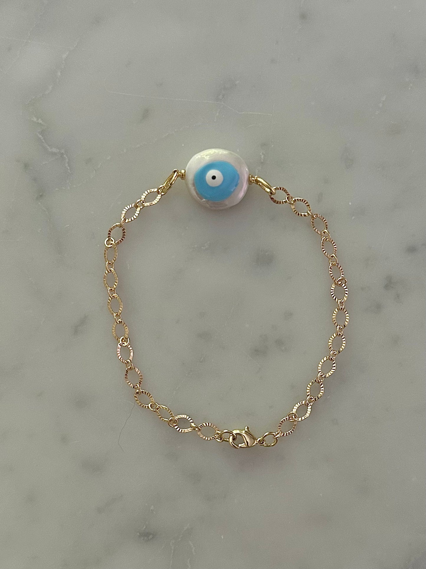 pearl evil eye gold filled chain bracelet