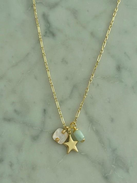 star, mother of pearl, and stone multi-charm gold filled necklace
