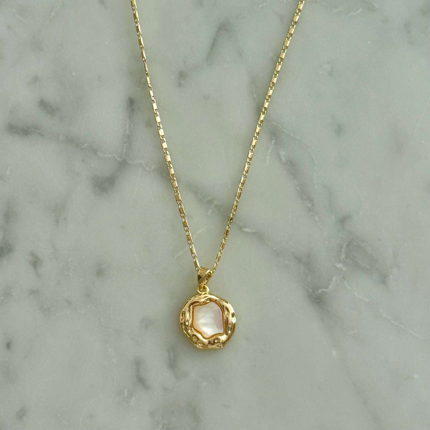 mother of pearl with hammered bezel gold filled necklace