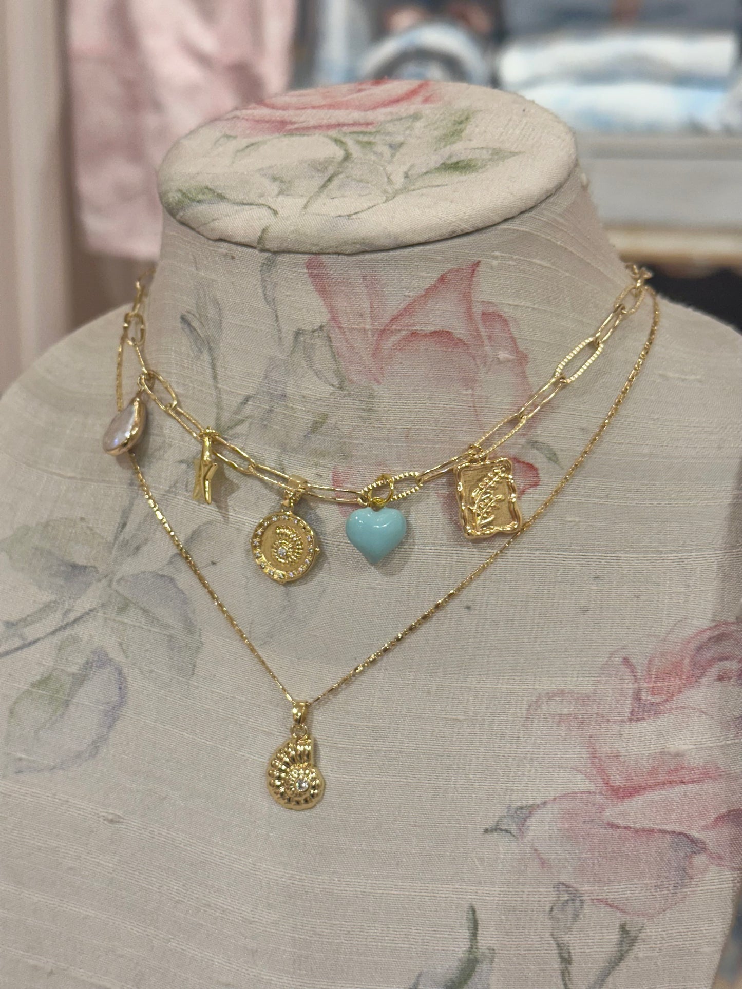 puffy blue heart charm gold filled necklace