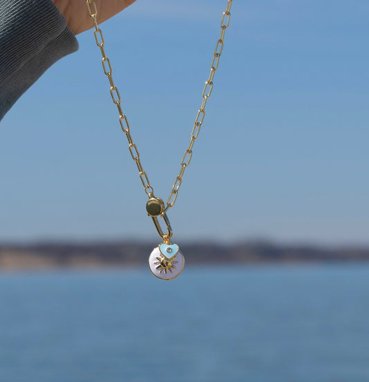 sun and blue heart gold filled necklace