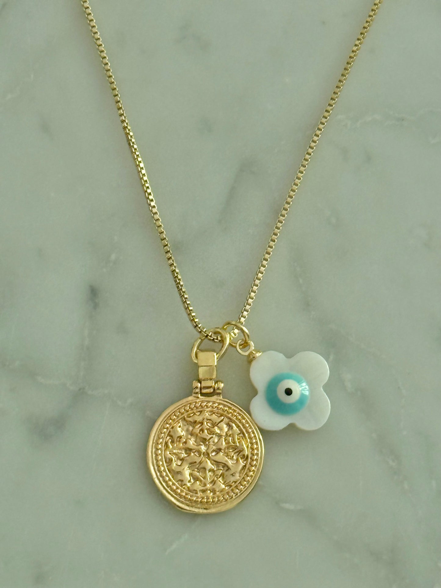 clover evil eye and round pendant gold filled necklace