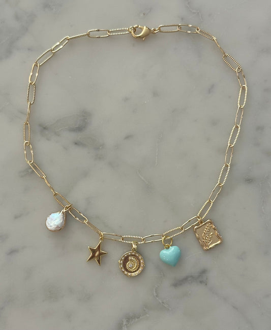 puffy blue heart charm gold filled necklace