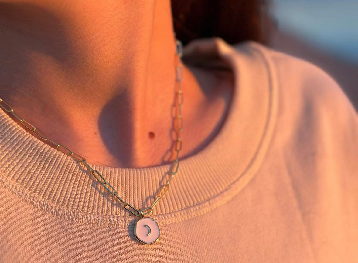 white enamel moon necklace