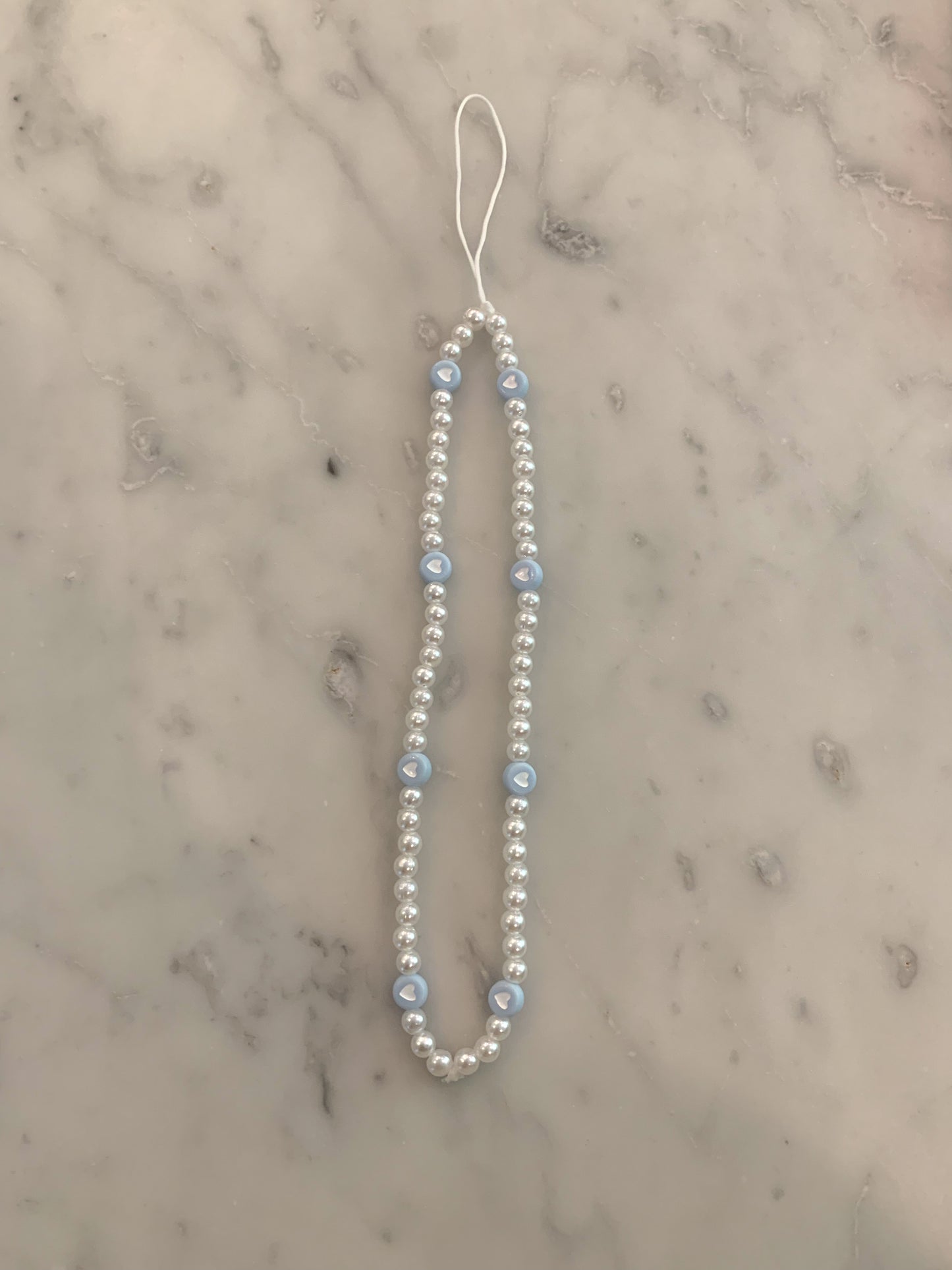 pearls and light blue hearts phone charm