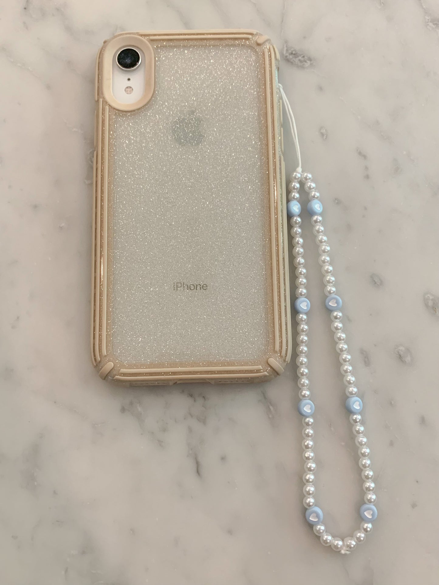 pearls and light blue hearts phone charm